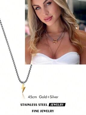 Gold & Silver Lightning Bolt Layered Necklace - Stainless Steel